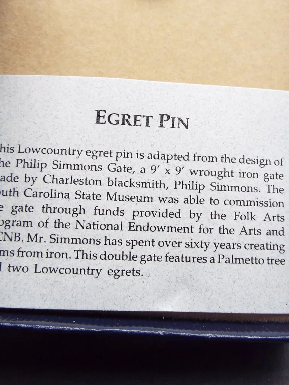 STERLING EGRET PIN BASED ON PHILIP SIMMONS GATE CHARLESTON, SC 69